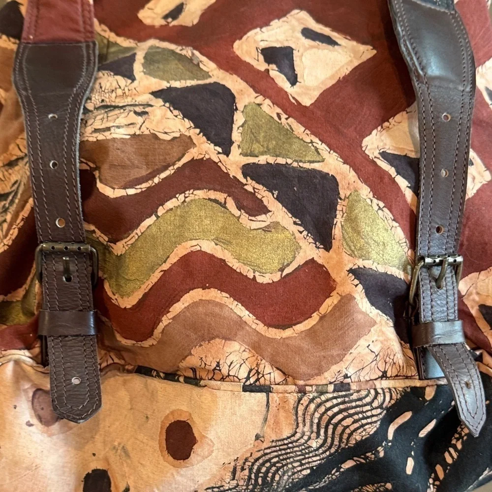 The Trading Company Brown Batik Print Cloth & Leather Backpack NWOT